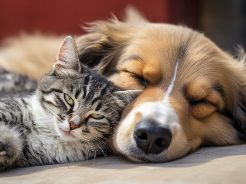 Chien et chat collés l'un à l'autre